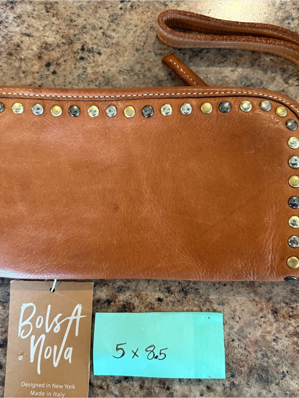 Tan Leather Studded Wristlet